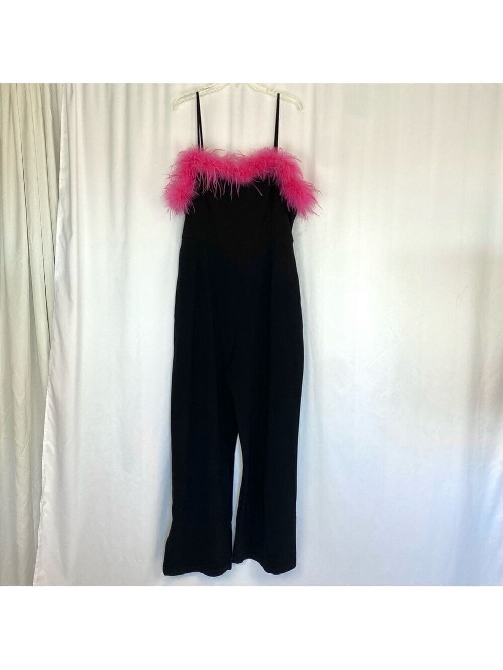 Nasty Gal Black Jumpsuit Hot Pink Feather Trim - Picture 16 of 16